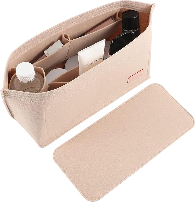 Doxo Purse Organizer Insert, Felt Bag Insert Tote Shaper Fit LV Neverfull PM & Base Shaper 2pc Set with Zipper Pocket and Bottle Holder (Medium-Beige-Combination)
