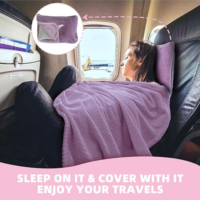 3 in 1 Travel Blanket Pillow Set - 350 GSM Thick Travel Blanket Airplane Compact with Bag, Soft Bag with a Pocket, Inflatable Travel Pillow for Camping & Car Trip (Violet)