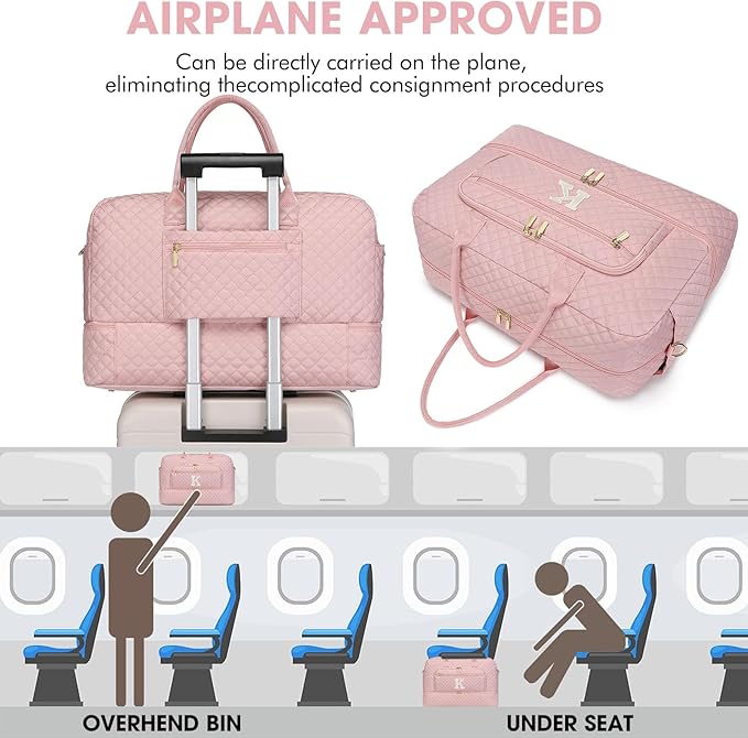 Initial Travel Duffle Bag for Women - Pink Personalized Weekender bags Overnight Bag with Shoe Compartment & Wet Pocket Weekend Tote Bags with Toiletry Bag Monogram Christmas Gifts (Letter K)