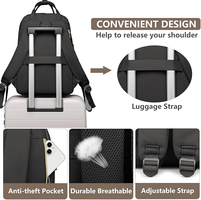 Laptop Backpack for Women Work Bag - 15.6 inch Travel Backpack Purse with USB Charger College Bookbag Waterproof Cute Casual Daypack Fashion Business Computer Backpacks for Teacher Nurse Black