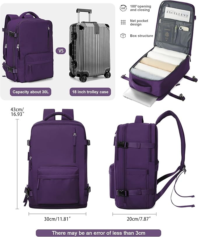 VGCUB Carry on Travel Backpack for Women Men Large Laptop Gym Work Frontier Airlines Personal Item Bag Business Airport Lightweight Backpack Flight Approved Mochilas de Viaje, Dark Purple