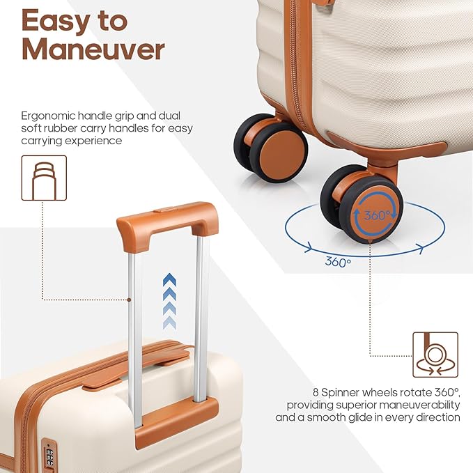 UKEIN Luggage Sets 3 Piece, PC Hardside Large Luggage 24Inch With Spinner Wheels with TSA Lock, Carry On Suitcase Set With Travel Backpack for Men (Beige, 3 piece set (24inch))
