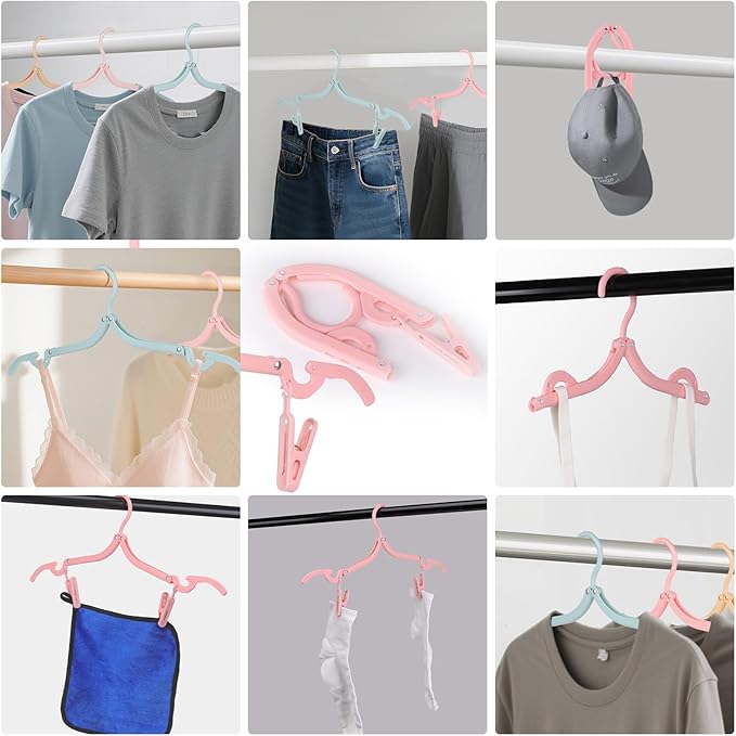 8 Pack Foldable Travel Hangers with 16 Clips & Folding Hanger - Space Saving Portable Collapsible Hooks for Cruise, RV, Hotel (Assorted Colors)