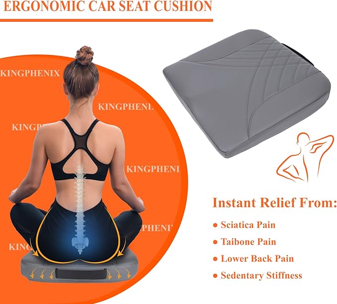 kingphenix Premium Car Seat Cushion, Memory Foam Driver Seat Cushion to Improve Driving View- Coccyx & Lower Back Pain Relief - Seat Cushion for Car, Truck, Office Chair (Leather Gray)