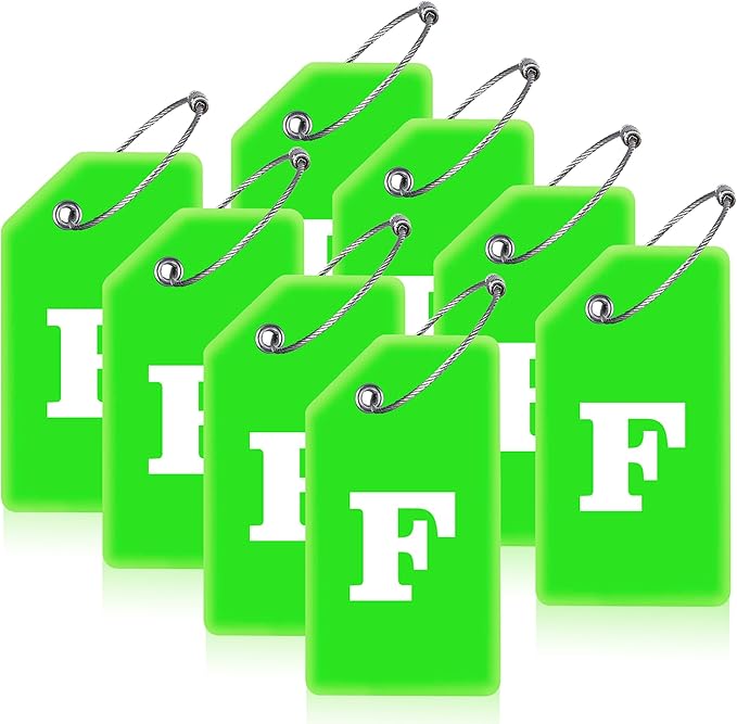 Gostwo 8 Pack Luggage Tags for Suitcases, 26 Initial Letter Travel Luggage Baggage Identification Labels ID Tags Fully Bendable Tags with Stainless Steel Loop (Letter F, Green)