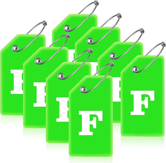Gostwo 8 Pack Luggage Tags for Suitcases, 26 Initial Letter Travel Luggage Baggage Identification Labels ID Tags Fully Bendable Tags with Stainless Steel Loop (Letter F, Green)