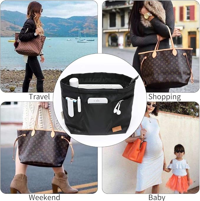 iN. Multi-Pocket Travel Handbag Organizer Insert Large for Tote Bag Purse Liner Insert Organizer with Handles (Large, Black)