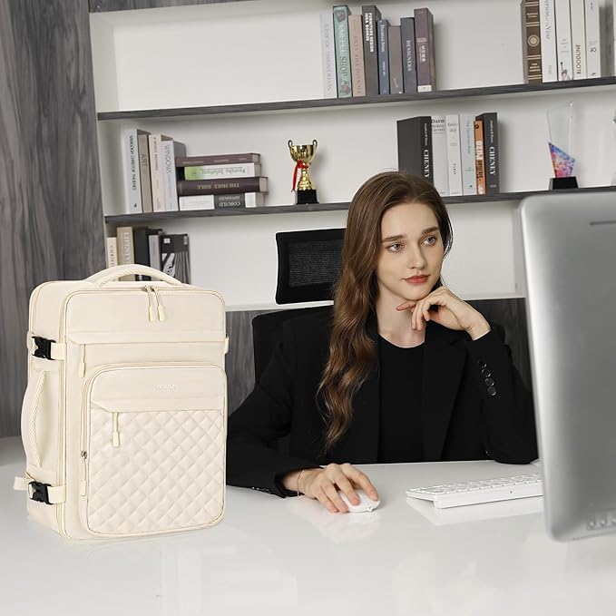 MOSISO Travel Backpack for Women Men, 15-15.6 inch Rhombus Quilted Laptop Backpack Flight Approved with Packing Cubes, 16 inch Carry on Daypack with USB Port for College Work Business, Beige
