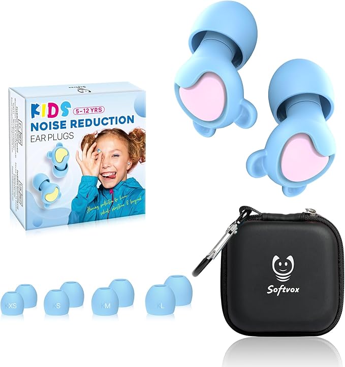 Kids Earplugs (6-12 yrs), Noise Reduction for Child/Adult with Small Ear-Canal, Noise Sensitivity Ear Plugs for Home, School, Playtime & Beyond, 8 Tips in XS/S/M/L - 26dB Ear Protection