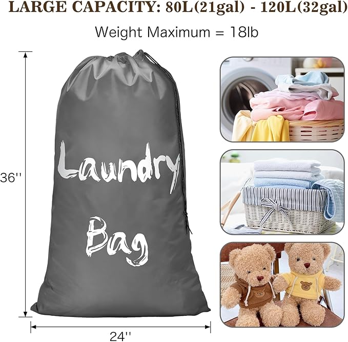 2 Pack XL Travel Laundry Bags for Dirty Clothes - Extra Large Heavy Duty Drawstring Laundry Bag Holds 4 Loads - Cruise Ship, Camping, Road Trip, Vacation Essentials Must Haves 2025 (Pink + Gray)