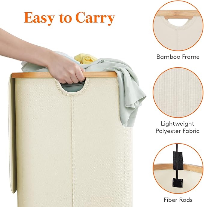 Lifewit 150L Laundry Basket with Lid, Clothes Hampers for Laundry with Bamboo Handles and 2 Removable Bag, Large Foldable Laundry Hamper for Bedroom, Bathroom, Dorm, Laundry Room, White