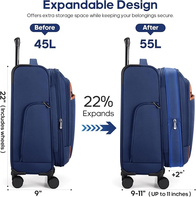 UKEIN Softside Expandable Carry On Luggage 22x14x9 Airline Approved, 20 Inch Suitcase with Wheels & TSA Lock, Travel Suitcase with 4-Piece Packing Bags for Women Men