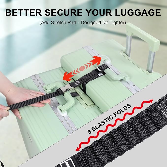 Luggage Straps, Stretchable Luggage Connector Straps for Suitcases, Metal Buckle Add A Bag Adjustable Attachment Accessories Belts (Black-Metal Buckle, 1" W)