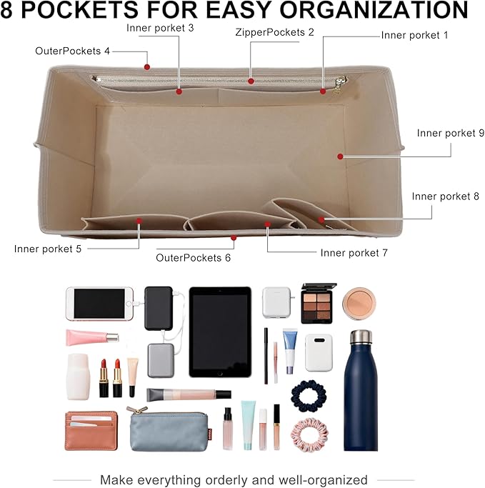 Doxo Felt Purse Organizer Insert for Longchamp Le Pliage L Travel Bag, Longchamp Orgainzer Insert Large with 9 Compartments and Zipper Water Bottle Holder, Fits Long Champ Large Bag (LT, Beige)