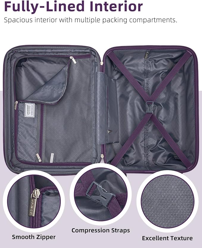 LARVENDER Carry on Luggage 22x14x9 Airline Approved, Expandable 20 Inch Hardside Suitcase with Wheels TSA Lock, PC+ABS Lightweight Carry on Suitcases for Women and Men, Royal Purple (20/DB/TB)