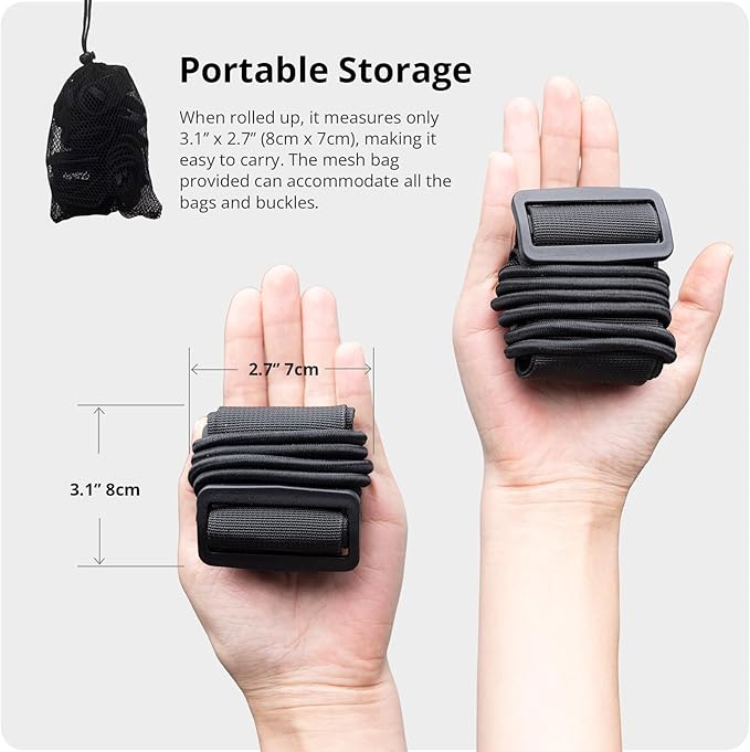 Luggage Straps 3 PCS for Suitcases TSA Approved 2 Short & 1 Long Adjustable Straps with Elastic Thick Rope for Connecting Suitcases and Bags Stably with Strap Buckle and Bottle Buckle Clip, Black