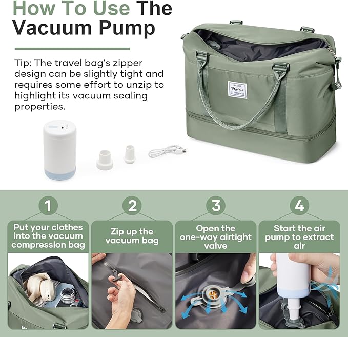 Overnight Weekender Bags for Women,Vacuum Travel Duffel Bag with Air Pump, Personal Item Travel Bag with Shoes Compartment & Compression Pocket,Olive Green