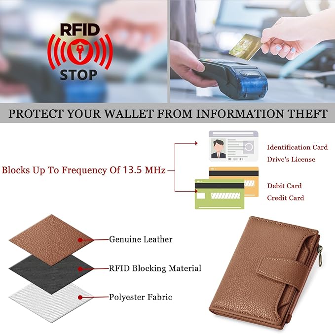 Airkit Small Wallet Women RFID Blocking Soft Leather Bifold Compact Card Holder Wallet for Women with Zipper Coin Pocket 4 ID Window