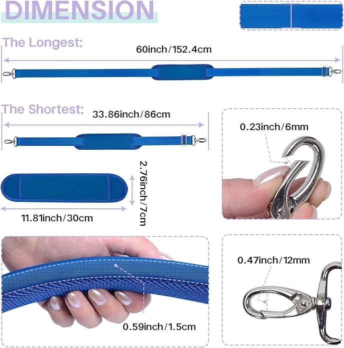 60 Inch Shoulder Strap with Removable Ultra-Thick Pad，Adjustable Buckles and Metal Hooks