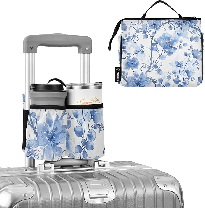Watercolor Flower Blue and White Luggage Cup Holder Travel Portable Free Hand Drink Carrier Suitcase Drinks Beverage Holder Carry-On Bottle Mug Holder Organizer Bag Travelers Accessories