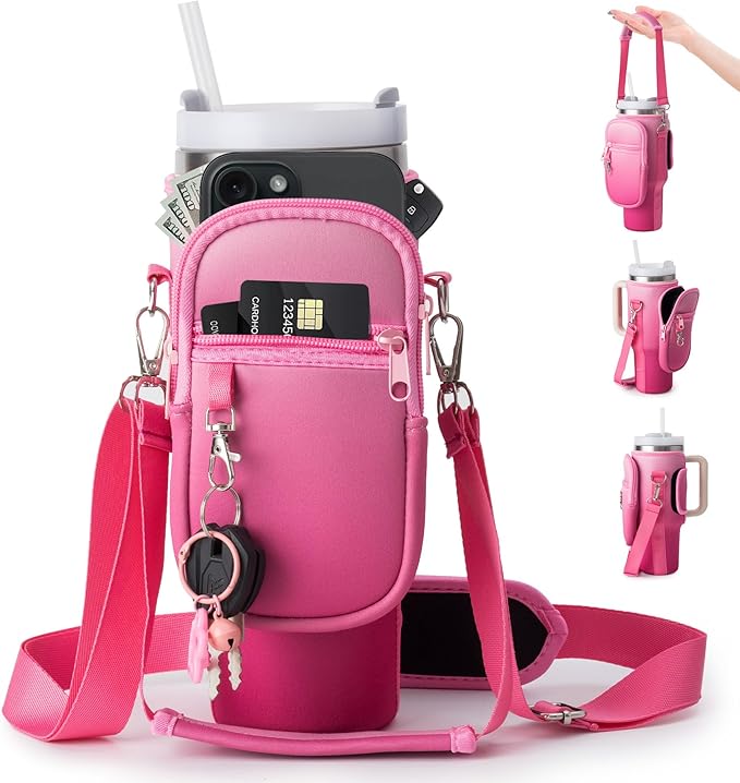 linmaya Water Bottle Carrier Bag for Stanley Cup 40/30oz with Phone Holder Pockets,Neoprene Water Bottle Cross-body Bag with Adjustable Shoulder & Hand Strap Stanley Cup Accessories