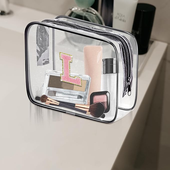 Clear Toiletry Bag,Portable Travel Toiletry Bag,Chenille Letter Cosmetic Bag with Zipper,Waterproof Makeup Bag,Cosmetic Storage Organizer for Women Men,Travel Essentials (Black,J)
