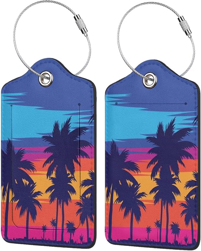 2P Sunset Beach Palm Trees Luggage Tags Privacy Cover ID Label with Stainless Steel Loop and Address Card for Travel Bag Suitcase Funny Cute Man Women Kids