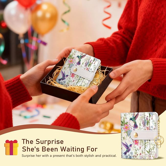 Jogjam Hummingbird Bird Rfid Women Wallet, Small Slim Thin Compact Credit Card Wallet, PU Leather Bifold Cash Wallet, Zipper Coin Pocket ID Window, Female Ladies Girl Gifts