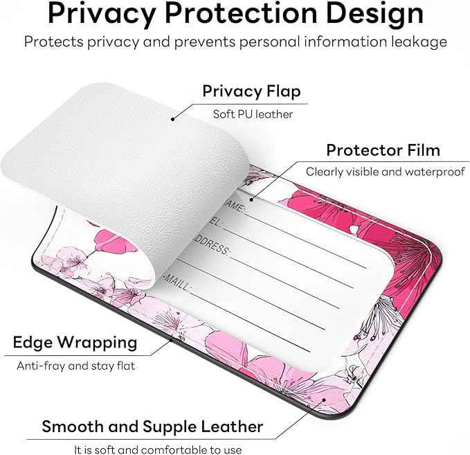 2 Pack PU Leather Luggage Tags for Suitcases, Privacy Protection Cover with Stainless Steel Loop and Address Card, Travel Cruise Essentials (Pink Flower)