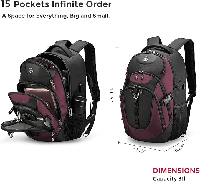 Swissdigital Design Laptop Backpack with USB Charging Port, Travel Backpack Fits 15.6 inches Computer, 31L College School Backpack for Women, Angola red/Black | SD803-44