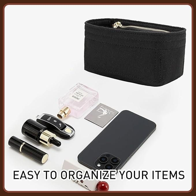 Doxo Bag Organizer Insert for LongChamp Mini Bag, Felt Small Purse Insert Organizer with YKK Zipper, Bag in Bag for Le Pliage Pouch XS with Handle, Extra Small Handbag Inner Shaper (Black, Mini)