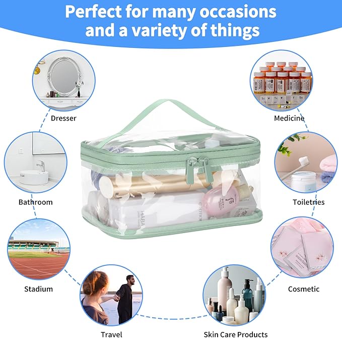 HAOGUAGUA 2 Pieces Clear Makeup Bags Cosmetic Toiletry Bags for Traveling, Waterproof Travel Transparent TSA APPROVED Carry On Airport Airline Compliant Bag (2 PIECES GREEN)