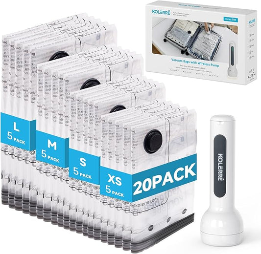 20 Pack Travel Vacuum Bags with Upgraded Rechargeable Pump, 4 Sizes Space Saver Vacuum Storage Bags for Luggage and Suitcase, Compression Bags for Packing, Vacuum Seal Bags for Clothing Travel