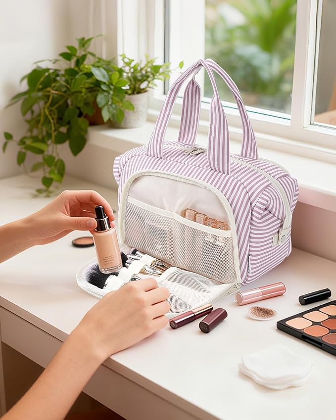 Narwey Travel Toiletry Bag for Women, Wide Open Large Makeup Bag, Cosmetic Bag Make Up Organizer with Handle, Wet Pocket for Towel, Travel Bag for Toiletries, Brushes, Essentials (Dusty Pink Stripe)
