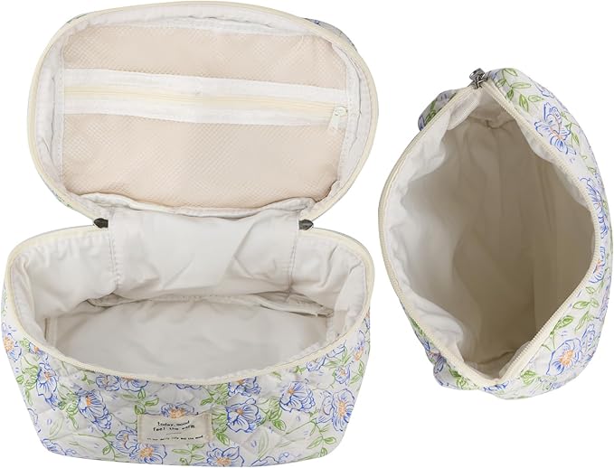 Cute Makeup Bag for Women(2 Pcs), Travel Cosmetic Bags, Quilted Coquette Aesthetic Floral Toiletry Organizer Bag (Blue Flower)
