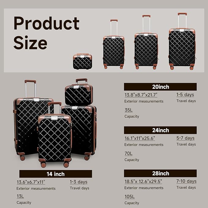 Lightweight hardside luggage sets Suitcases with Spinner Wheels YKK Zipper TSA Lock, ABS+PC hardshell 4 Piece Luggage Set for Weekend Getaways & Travel Business (14/20/24/28 Black)