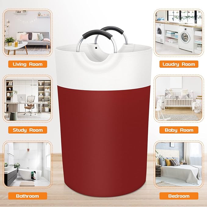 BlissTotes 115L Laundry Basket, Freestanding Laundry Hamper, Collapsible Dirty Clothes Hamper, Waterproof Fabric with Foam Protected Aluminum Handles for College, Dorm, Family (Red)