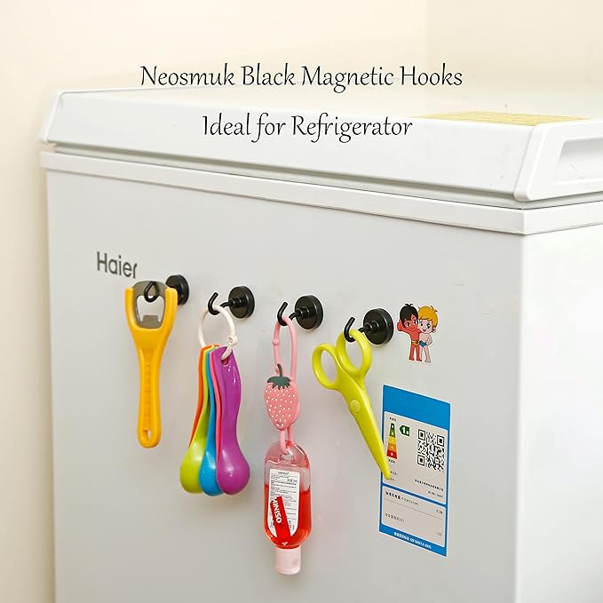 Neosmuk Magnetic Hooks,Heavy Duty Earth Magnets with Hook for Refrigerator, Extra Strong Cruise Hook for Hanging, Magnetic Hanger for Curtain, Grill(Matte Black, 6 Pack)