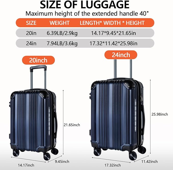 OUZZO Luggage Sets 2 Piece Expandable 20/24 Inch Suitcase with Double Spinner Wheels Lightweight ABS+PC Hardshell Travel Suitcase Sets with TSA Lock USB Port Business & Family Trips