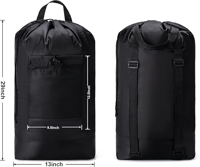 Backpack Laundry Bag,Large Travel Laundry Bags with Shoulder Straps and Mesh Pockets,Laundry Backpack with Drawstring Closure for College,Trave,Dorm, Apartment,Laundromat (Black)