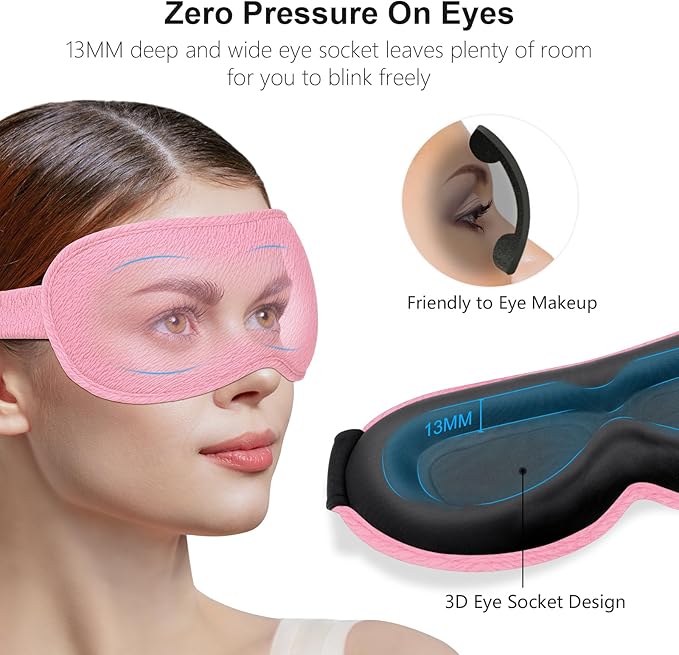 Gritin 100% Blackout Sleep Eye Mask for Women Men,Zero Eye Pressure Sleeping Mask-Ergonomic Design 3D Cutout Eye Movement and Eyelash Friendly Night Blindfold,Ultra Soft&Comfortable for Sleeping-Pink