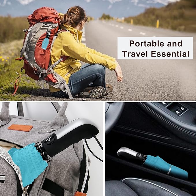 TradMall Travel Umbrella Windproof with 46 Inches Large Canopy 10 Reinforced Fiberglass Ribs Ergonomic Handle Auto Open & Close, Sky Blue