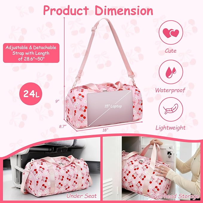 CAMTOP Kids Duffel Overnight Bag Boys Girls Toddler Weekender Carry-On Personalized Tote for Travel Gym Sport (B-Pink Cherry)