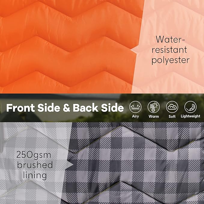 UNIKOME Waterproof Puffy Camping Blanket - Lightweight Packable Outdoor Quilt with Corner Loops, Warm Compact Blanket for Cold Weather Hiking Picnic Stadium Travel, 75"×52", Orange