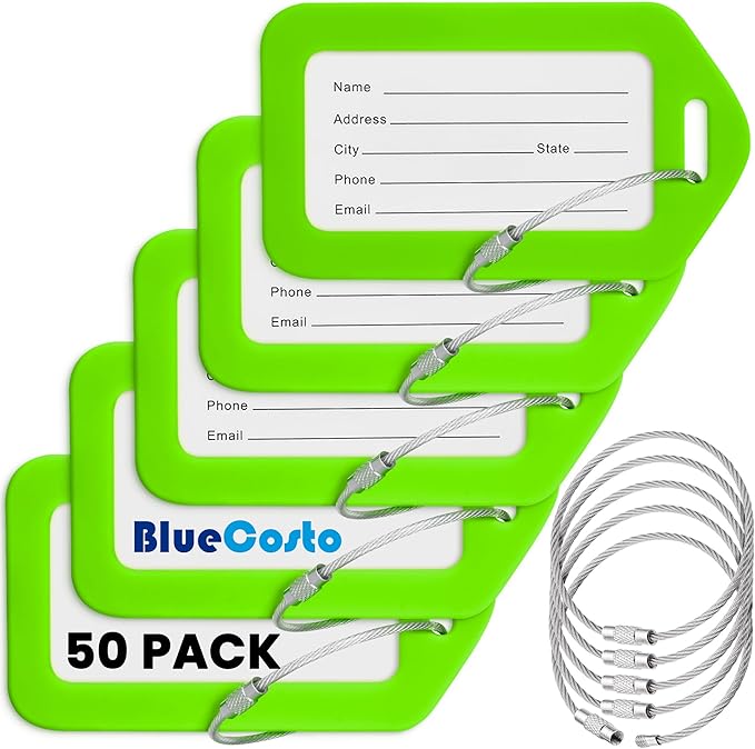 BlueCosto - Luggage Tags - Green, 50 Pack - Suitcase Tags with Name ID Card & Heavy-Duty Metal Wire Loops - Bright Colored PVC Identifiers for Travel Baggage - Backpack Name Labels