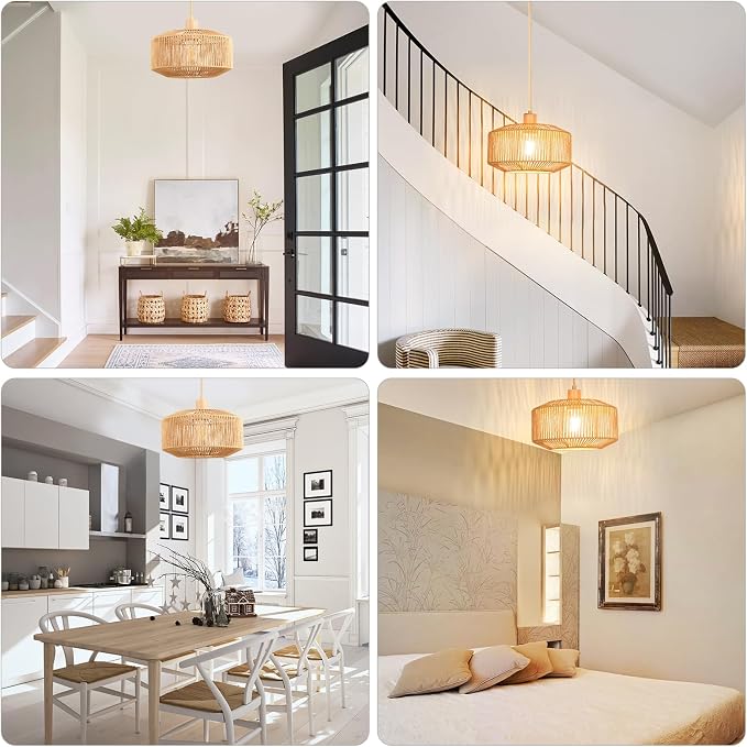 Qingmiao Boho Plug in Pendant Light, Handwoven Shade, 3 Way Bulb, 14ft Cord | Rattan Hanging Lamp Plug in, Dimmable Hanging Light Fixture for Living Room Bedroom Kitchen Ceiling Farmhouse Home Decor