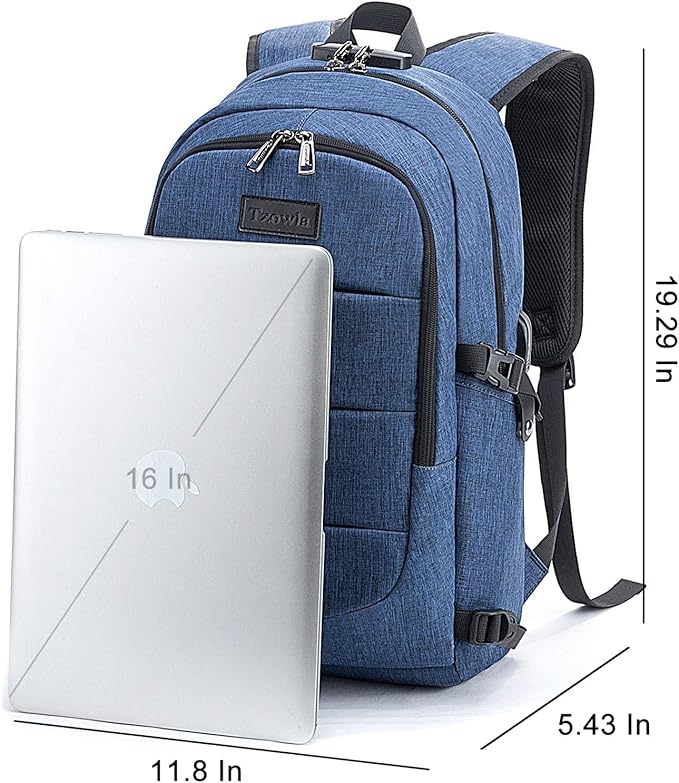 Tzowla Travel Laptop Backpack Water Resistant Anti-Theft Bag with Giant Tumbler Holder Pocket and Lock 15.6 Inch Computer Business Backpacks for Women Men Work College Gift,Casual Daypack(Blue)