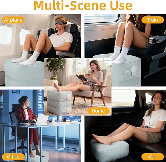 Inflatable Foot Rest Pillow for Travel, Adjustable 3-Layer Height, Fast Inflation Leg Rest Cushion for Airplanes, Cars, Trains, Office & Home