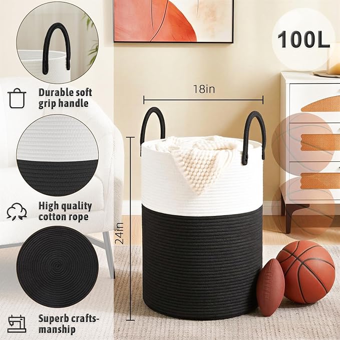 Laundry Basket,Woven Cotton Rope Laundry Hamper,100L for Decorative Storage of Dirty Clothes,Toys and Blankets in Bathroom,Baby Room and Living Room
