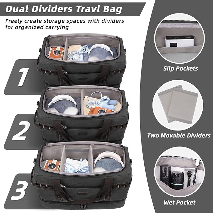 ZOMFELT Travel Duffle Bag for Men, 45L Carry On Luggage 22x14x9 Airline Approved, Waterproof Canvas Overnight Duffel Bag with Removable Dividers, Weekender Gym bag with Shoe Pocket (Washed Black)